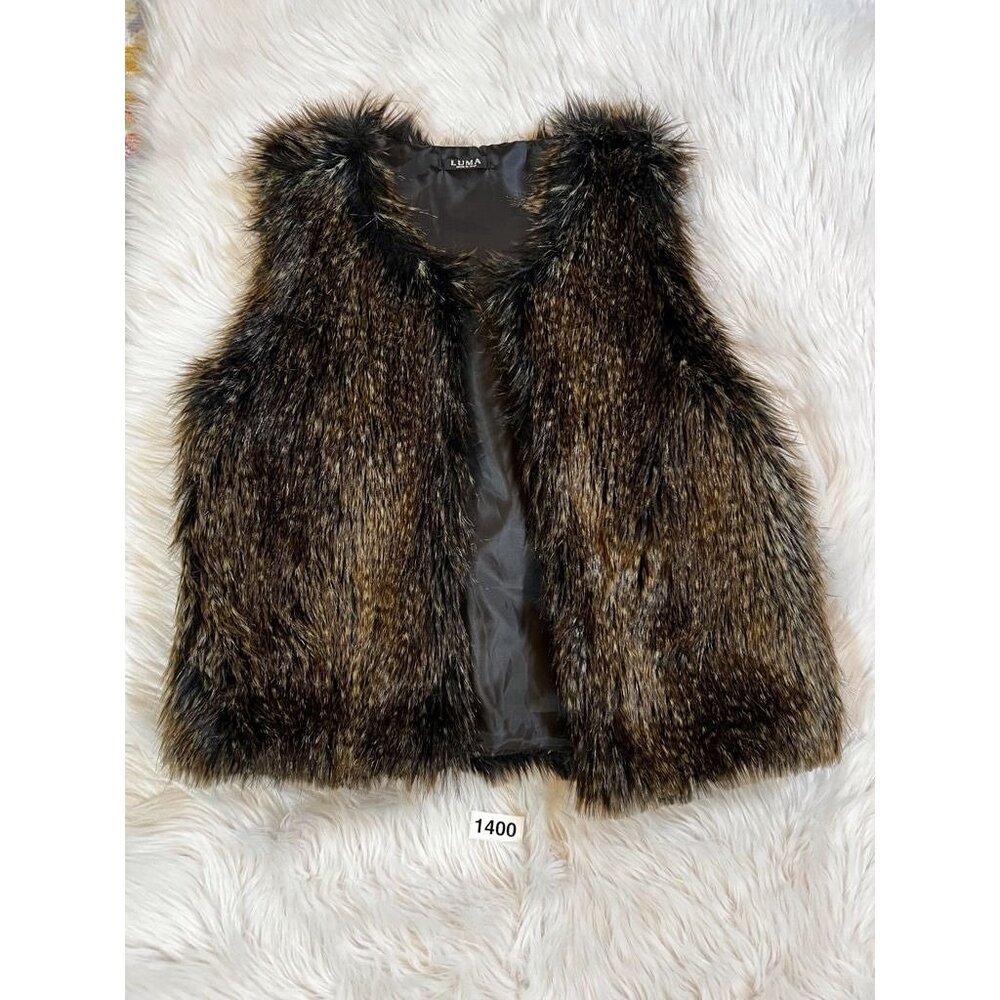 Luma Womens Vest Lg Brown Open Faux Fur Front Hip Length Italy